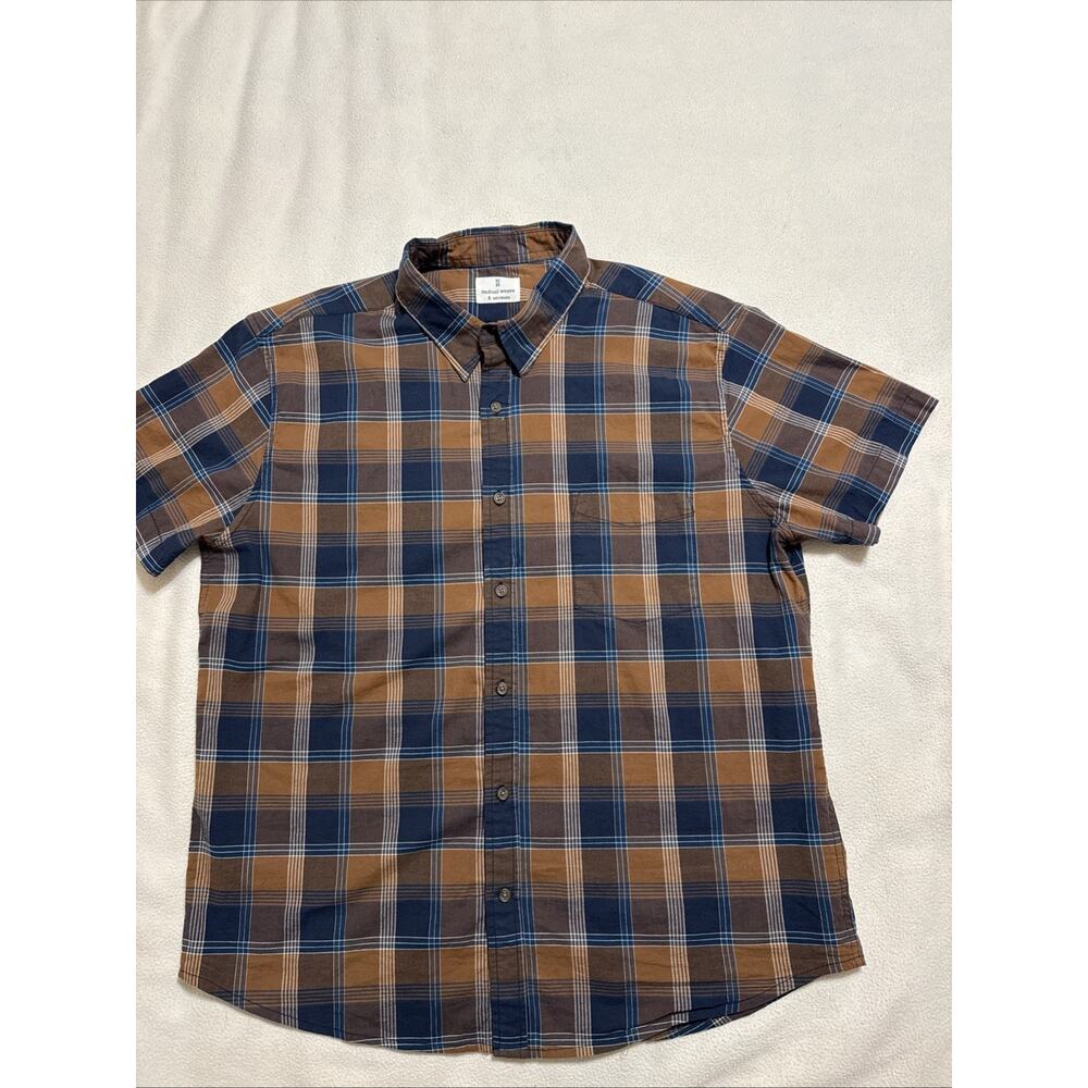 Mutual Weave Button Shirt Men's XL Tan Blue Plaid Short Sleeve Pocket Stretch
